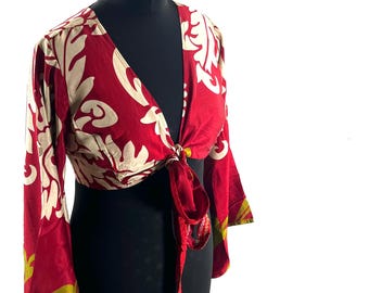 L/XL Joy Bell Sleeve Crop Top, Sari Summer Wrap, Handmade Silky, Light Hippy Style (SKU:572-10335)