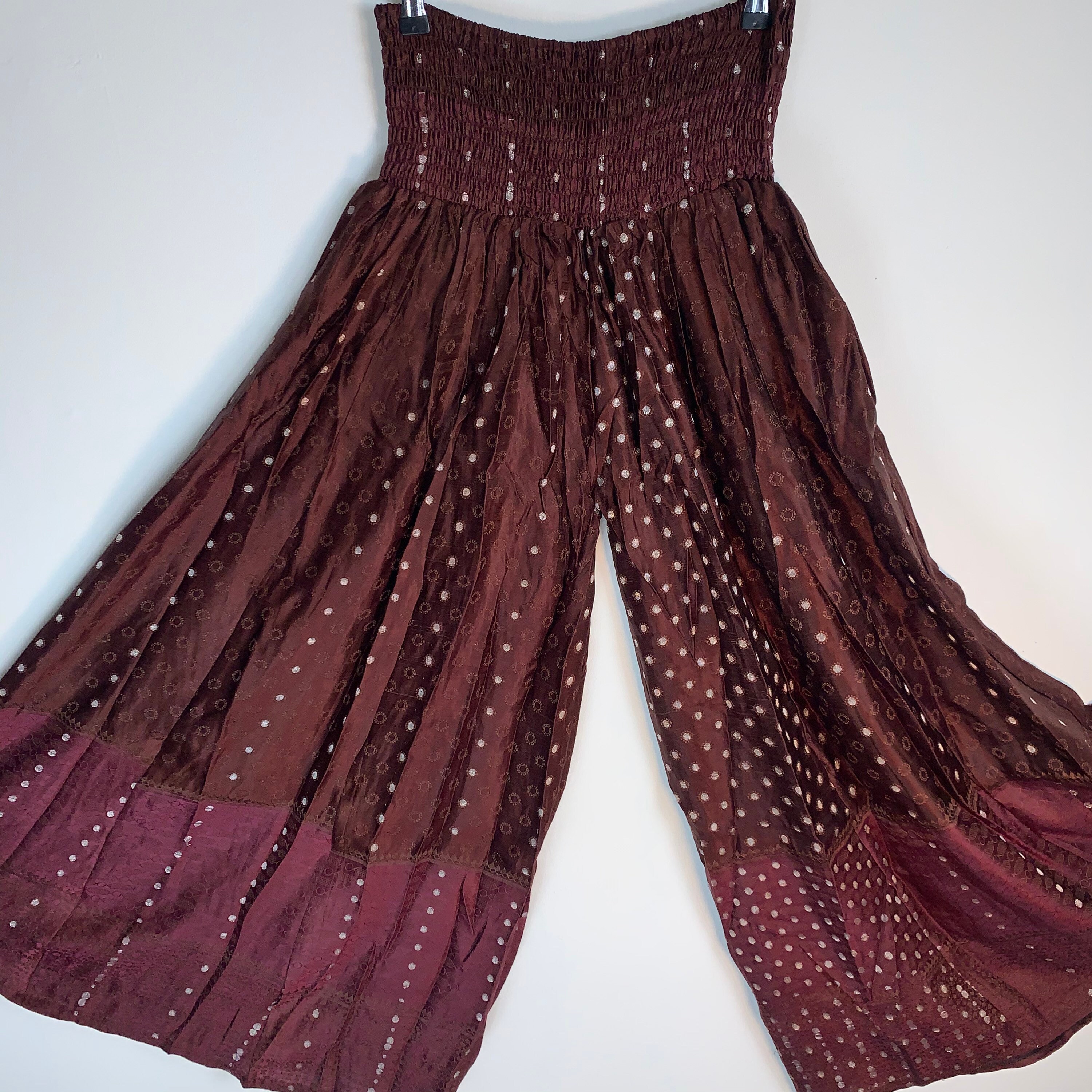 Image of Culottes Xl, Plus Size With Elasticated Waist. Silk Brocade in Bronze & Brown, Silver, Palazzo Pants, Wide Leg Trousers