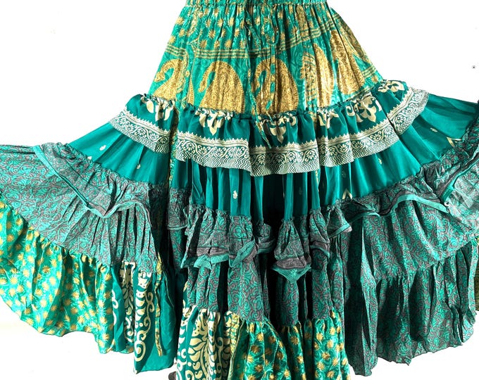 Jazmyn 25 Yard Skirt handmade in Vintage Summer Silk, Maxi One Size; (28"-42" Waist) Peasant Bellydance Flamenco SKU:738-8961