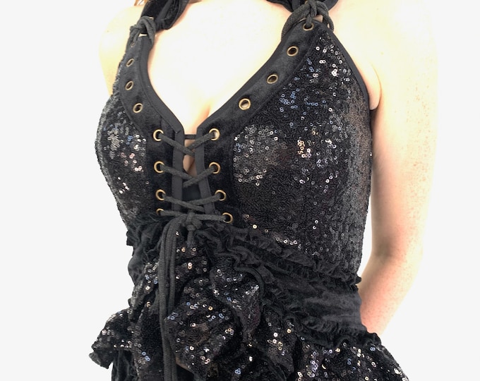 Jet Black Sequin & Velvet Corset Dress - Sophia  SKU:3000-