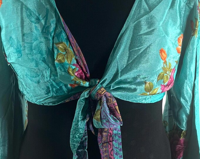 Joy Bell Sleeve Crop Top, Sari Summer Wrap, Handmade Silky, Light Hippy Style UK-2XL (SKU:573-10340)