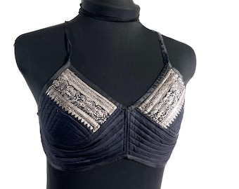 S Gia Cross Strap Bra Top, Handmade in Vintage Silk Brocade (SKU:2161-10079)