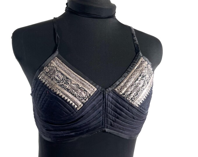 S Gia Cross Strap Bra Top, Handmade in Vintage Silk Brocade (SKU:2161-10079)