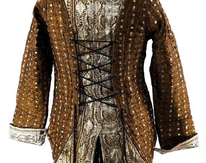 2XL. Steampunk Coat a Silk Brocade Fleece Lined Tailcoat with Corsetage at back for adjustable sizing.