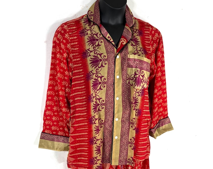 Sheer Sari Silk Pyjamas Set - Matching Lounge Wear with Travel Bag (Medium SKU: 726-10552)