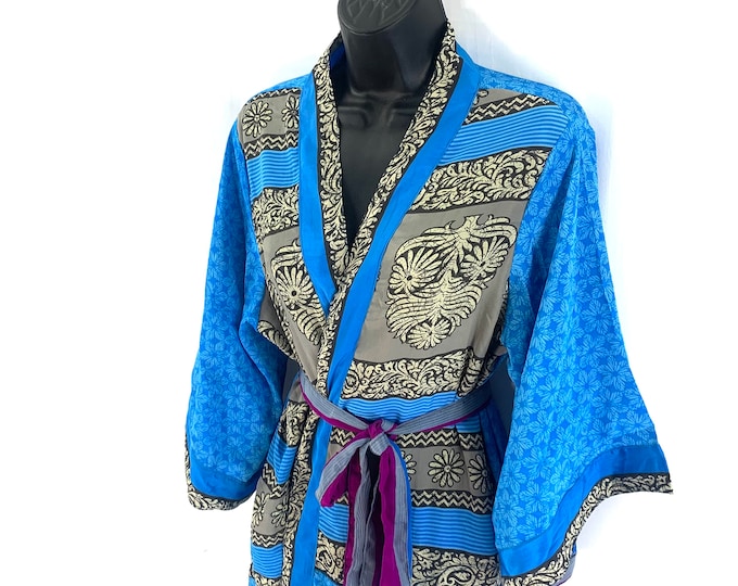 S/M. Luxury Reversible Silk Kimono Robe with deep pockets A perfect Dressing Gown, Bath Robe, Duster Jacket. SKU:725-3839