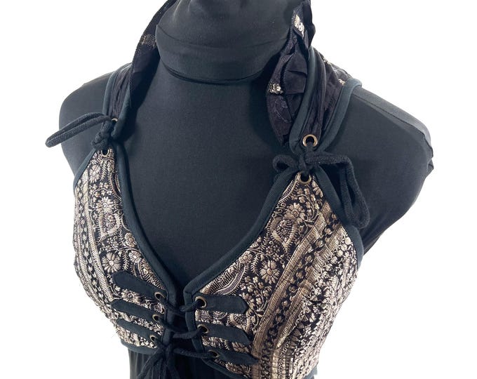 S. Fae Corset Top - Black & Silver Bra Top - Vintage Silk Brocade  (SKU:3031-9753)