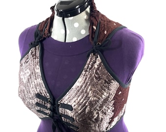 6XL. Fae Corset Top - Brown & Silver Bra Top - Vintage Silk Brocade  (SKU:3039-9805)