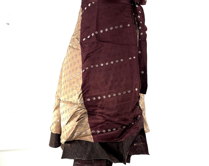 Pemberin Midi Wrap Skirt in Upcycled Heavy Vintage Silk Brocade Sari. (Two Layer A-Line Wrap Skirt)  SKU:2034-8435