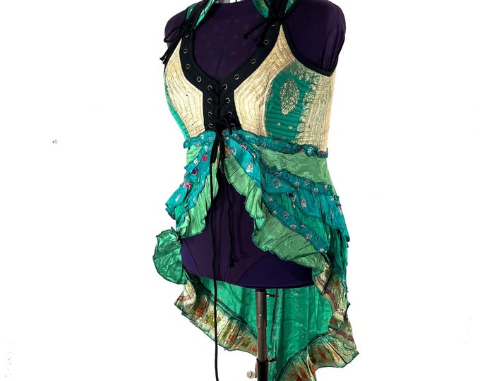 4XL. Sophia Corset Dress with Hi-Low tiered skirt in Silk brocade. Handmade Renaissance Festival Steampunk SKU:2000-8584