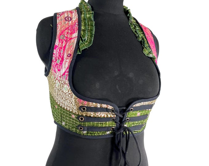 Underbust Corset Top; Ivy XL Pink & Green steampunk vest handmade in Vintage Silk Brocade (SKU:2174-10132)