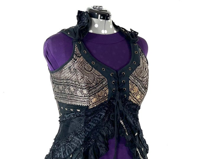3XL. Sophia Corset Dress with Hi-Low tiered skirt, handmade from Vintage Silk Brocade. Renaissance Festival Steampunk SKU:2000-6202