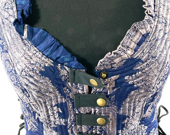 M. Mia Waistcoat; Boho Top - Blue & Silver - Vintage Silk Brocade  (SKU:2142-9673)