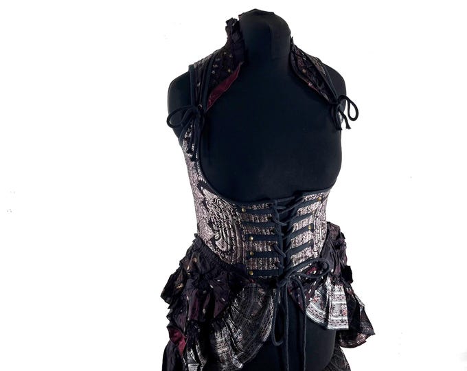 XL Elisa Bustier Dress; Steampunk Under-bust Long Body Corset in Silk Brocade, (SKU:2004-10246)
