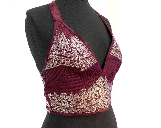 S/M. Phoenix Tribal Top, Silk Satin Brocade, Red & Silver SKU:1020-0015