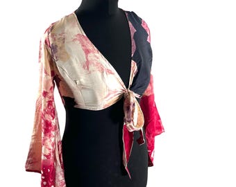 S/M Joy Bell Sleeve Crop Top, Sari Summer Wrap, Handmade Silky, Light Hippy Style (SKU:570-10300)