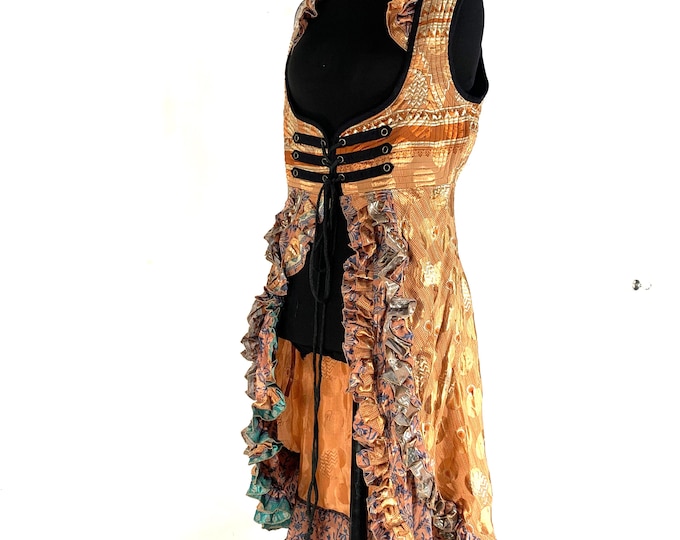 2XL. Celeste Underbust Corset Bustier Dress with adj tail length handmade in Vintage Silk. (Cosplay, Steampunk, Renaissance) SKU:981-5463