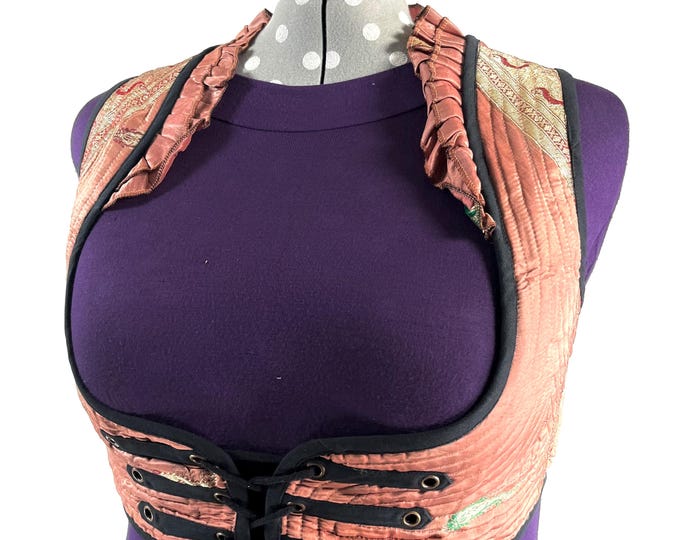 Underbust Corset Top; Ivy 4XL pink & gold steampunk vest handmade in Vintage Silk Brocade (SKU:2177-10160)