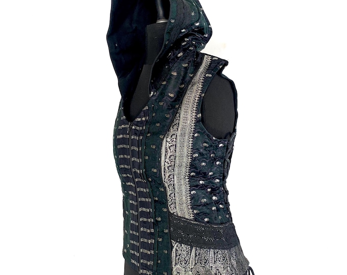 Pixie Hooded Jacket in silk brocade;. Pagan, Celtic, Gothic, Elven, Festival, LARP, R.E.N., Cosplay (UK-M/L   SKU:1051-5166)