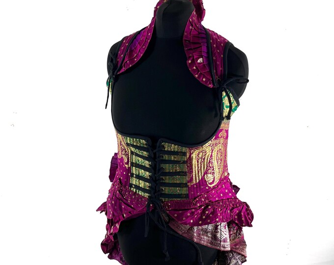 Elisa Bustier Dress; Steampunk Under-bust Long Body Corset in Silk Brocade, UK-2XL (SKU:2004-10252)
