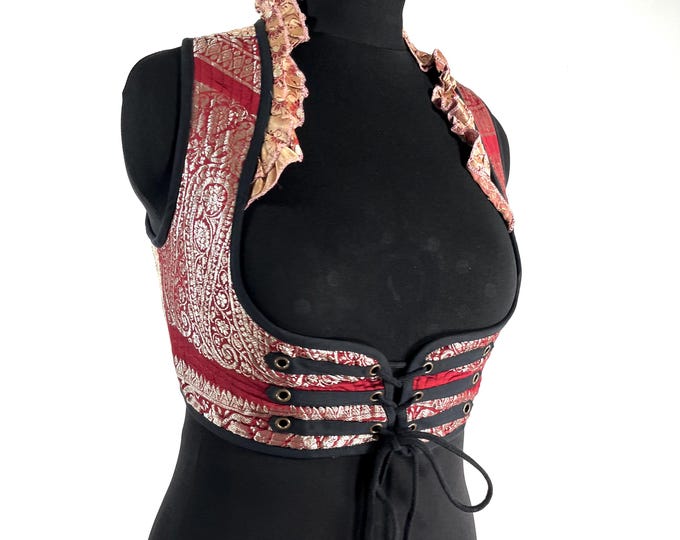 Underbust Corset Top; Ivy XL Red & Gold steampunk vest handmade in Vintage Silk Brocade (SKU:2174-10139)