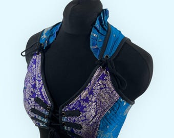 L. Fae Corset Top - Blue & Silver Bra Top - Vintage Silk Brocade  (SKU:3033-9761)