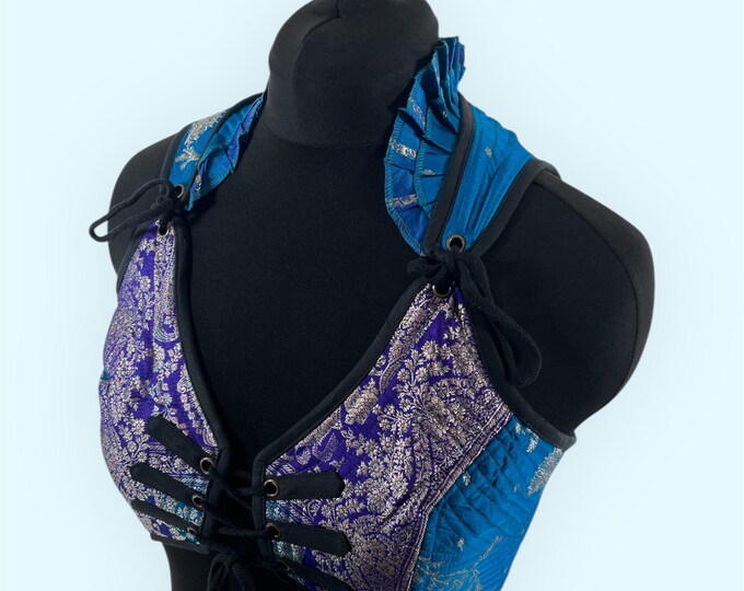 L. Fae Corset Top - Blue & Silver Bra Top - Vintage Silk Brocade  (SKU:3033-9761)
