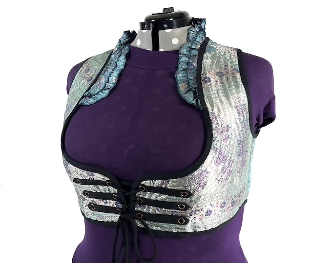 Underbust Corset Top; Ivy 5XL blue & silver steampunk vest handmade in Vintage Silk Brocade (SKU:2178-10173)