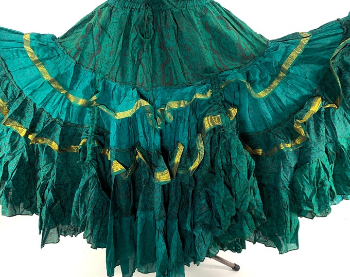Yasmin XL 25 yard Gypsy Winter Silk Skirt in One Size Plus Boho Skirt Flamenco Green Bellydance Tribal Fusion  SKU:739-6851