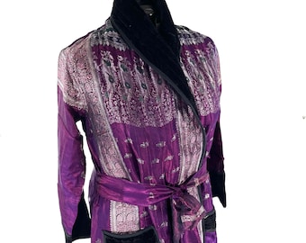 A Long Vintage Silk Brocade Coat; High Velvet Collar, 3 pockets, purple & silver unisex wrap jacket with belt SKU:3081-8535