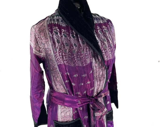 A Long Vintage Silk Brocade Coat; High Velvet Collar, 3 pockets, purple & silver unisex wrap jacket with belt SKU:3081-8535