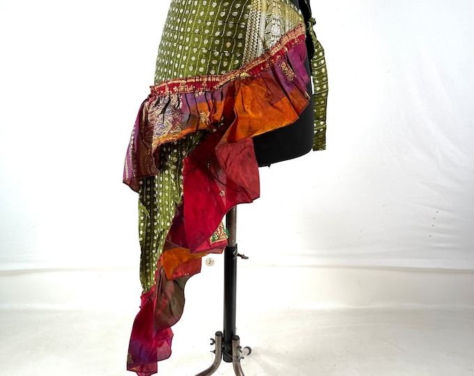 Bustle Wrap Over Skirt Vintage Silk Brocade, Luna M/L; Tribal Belly Dance mini skirt, Steampunk Festival Cosplay Tail Skirt SKU:221-7141