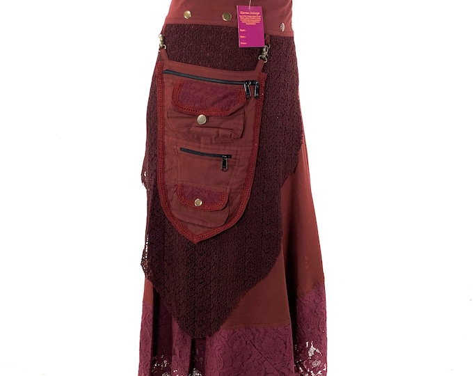 Maroon Cotton Maxi Wrap Skirt; Long Steampunk Skirt with Detachable Purse. SKU:1040-1041-