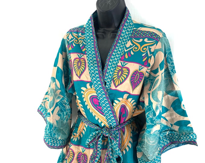 S/M. Luxury Reversible Silk Kimono Robe with deep pockets A perfect Dressing Gown, Bath Robe, Duster Jacket. SKU:725-3840