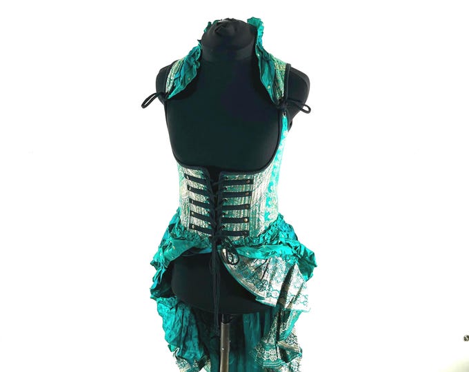 Elisa Bustier Dress; Steampunk Under-bust Long Body Corset in Silk Brocade, UK-S (SKU:2004-10258)