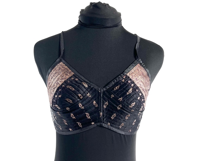 XS Gia Cross Strap Bra Top, Handmade in Vintage Silk Brocade (SKU:2160-10084)