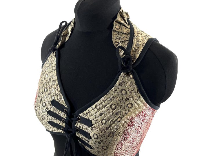 XL. Fae Corset Top - Silver & Red Bra Top - Vintage Silk Brocade  (SKU:3034-9778)