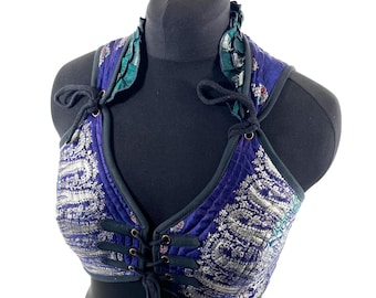 XL. Fae Corset Top - Blue & Silver Bra Top - Vintage Silk Brocade  (SKU:3034-9770)