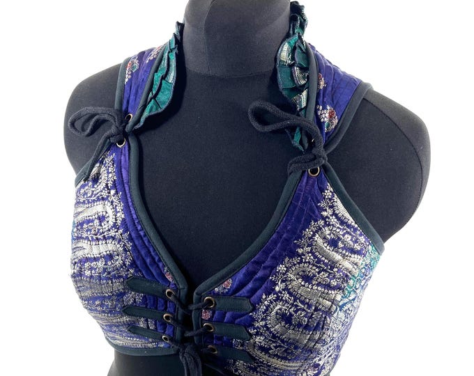 XL. Fae Corset Top - Blue & Silver Bra Top - Vintage Silk Brocade  (SKU:3034-9770)