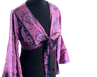 L/XL Joy Bell Sleeve Crop Top, Sari Summer Wrap, Handmade Silky, Light Hippy Style (SKU:572-10331)