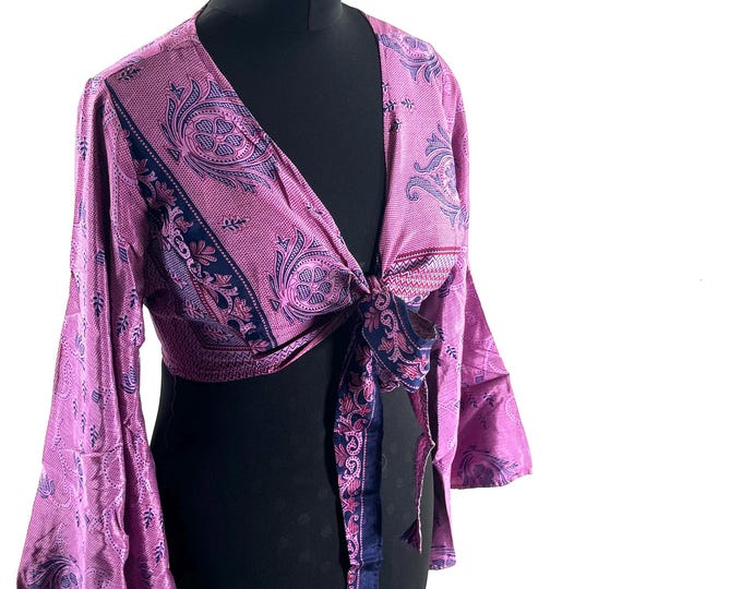 Joy Bell Sleeve Crop Top, Sari Summer Wrap, Handmade Silky, Light Hippy Style UK-L/XL (SKU:572-10331)