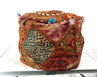 Embroidered Pouffe Cover, Large Size; Handmade traditional Indian vintage fabric.