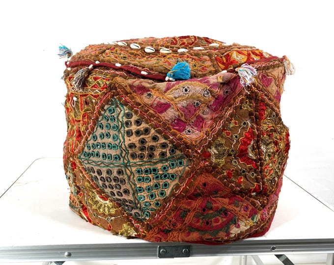 Embroidered Pouffe Cover, Large Size; Handmade traditional Indian vintage fabric.