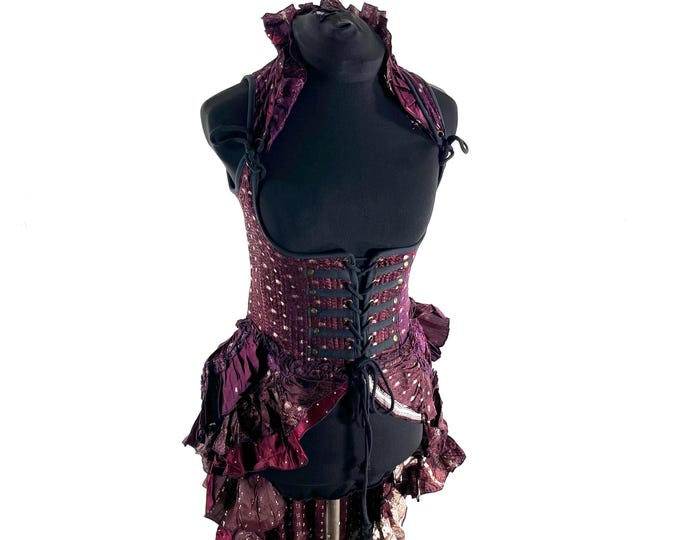 S Elisa Bustier Dress; Steampunk Under-bust Long Body Corset in Silk Brocade, (SKU:2004-10253)