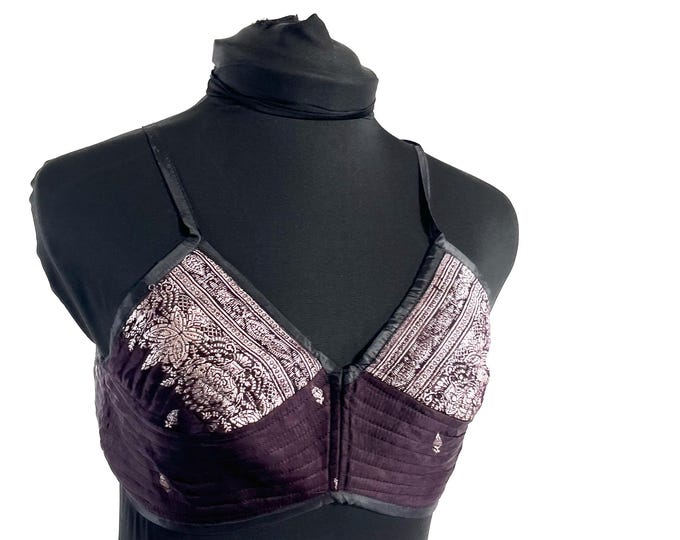 XS Gia Cross Strap Bra Top, Handmade in Vintage Silk Brocade (SKU:2160-10089)