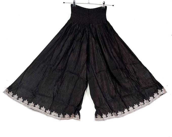Felicity Culottes in Silk brocade One size pants with Elasticated Waist Wide Leg Palazzo trousers. Very dark brown SKU:810-9185