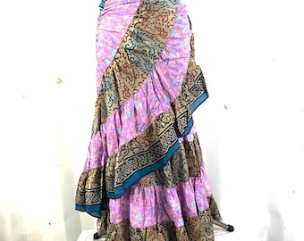 Kezia Gypsy Pink Wrap Silk Skirt. One size, Layered Bohemian Style (930-2150)