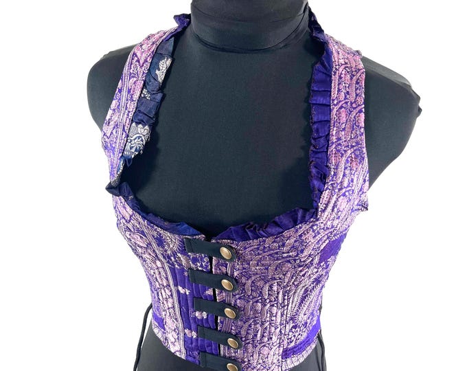 S. Mia Waistcoat; Boho Top - Purple & Silver - Vintage Silk Brocade  (SKU:2141-9658)