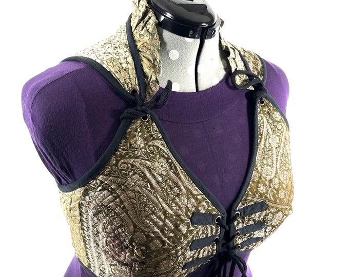 6XL. Fae Corset Top - Gold & Black Bra Top - Vintage Silk Brocade  (SKU:3039-9804)