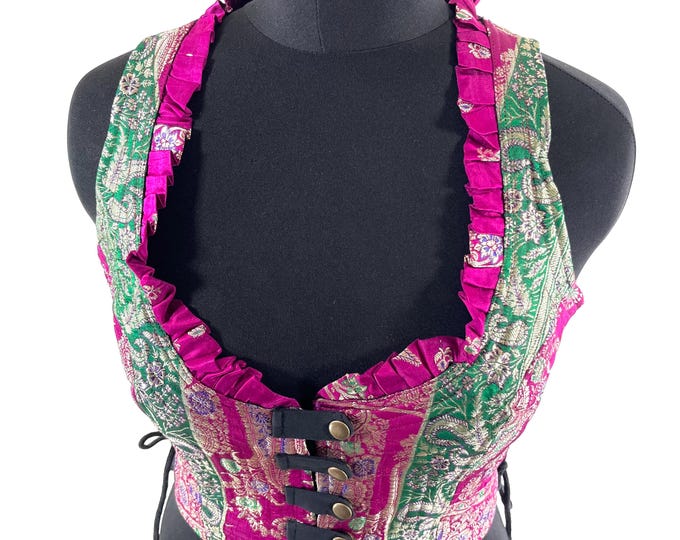 XL. Mia Waistcoat; Boho Top - Pink Green & Silver - Vintage Silk Brocade  (SKU:2144-9698)